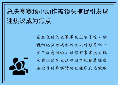 总决赛赛场小动作被镜头捕捉引发球迷热议成为焦点